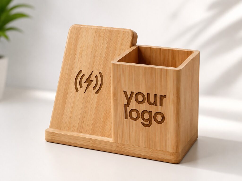 Bamboo Pen Holder with 15W Fast Wireless Charger (100 pieces)
